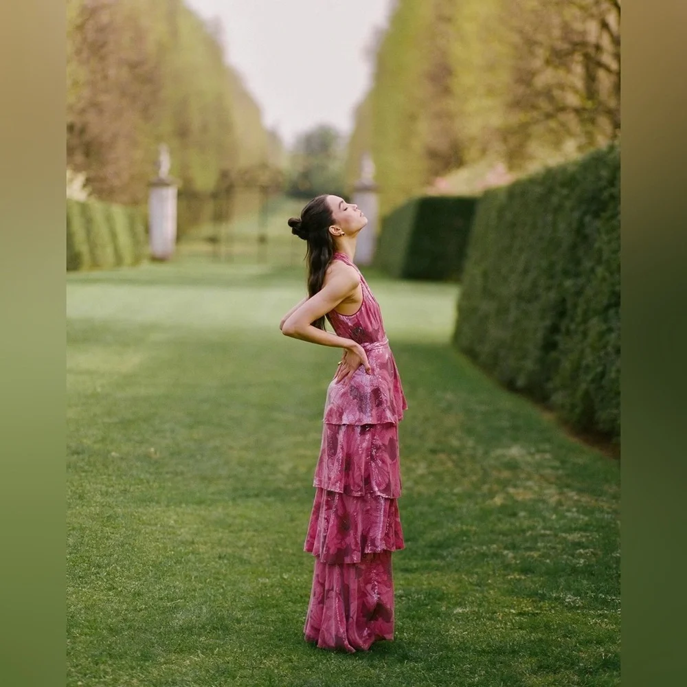 HUTCH Paige Sleeveless Halter Sequin Printed Tiered Wrap Maxi Dress - Picture 3 of 8